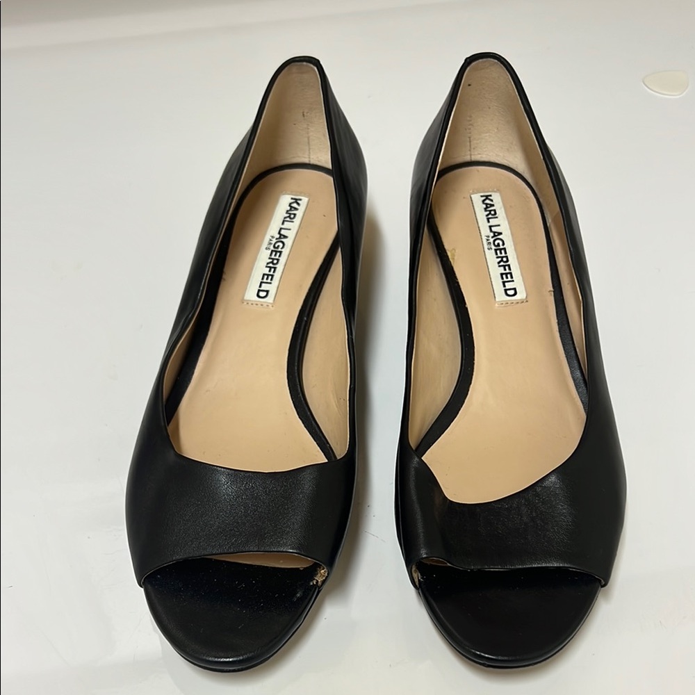 Karl Lagerfeld Black Women's Open Toed Mini Pumped Heels with Pearls Size 38.5B